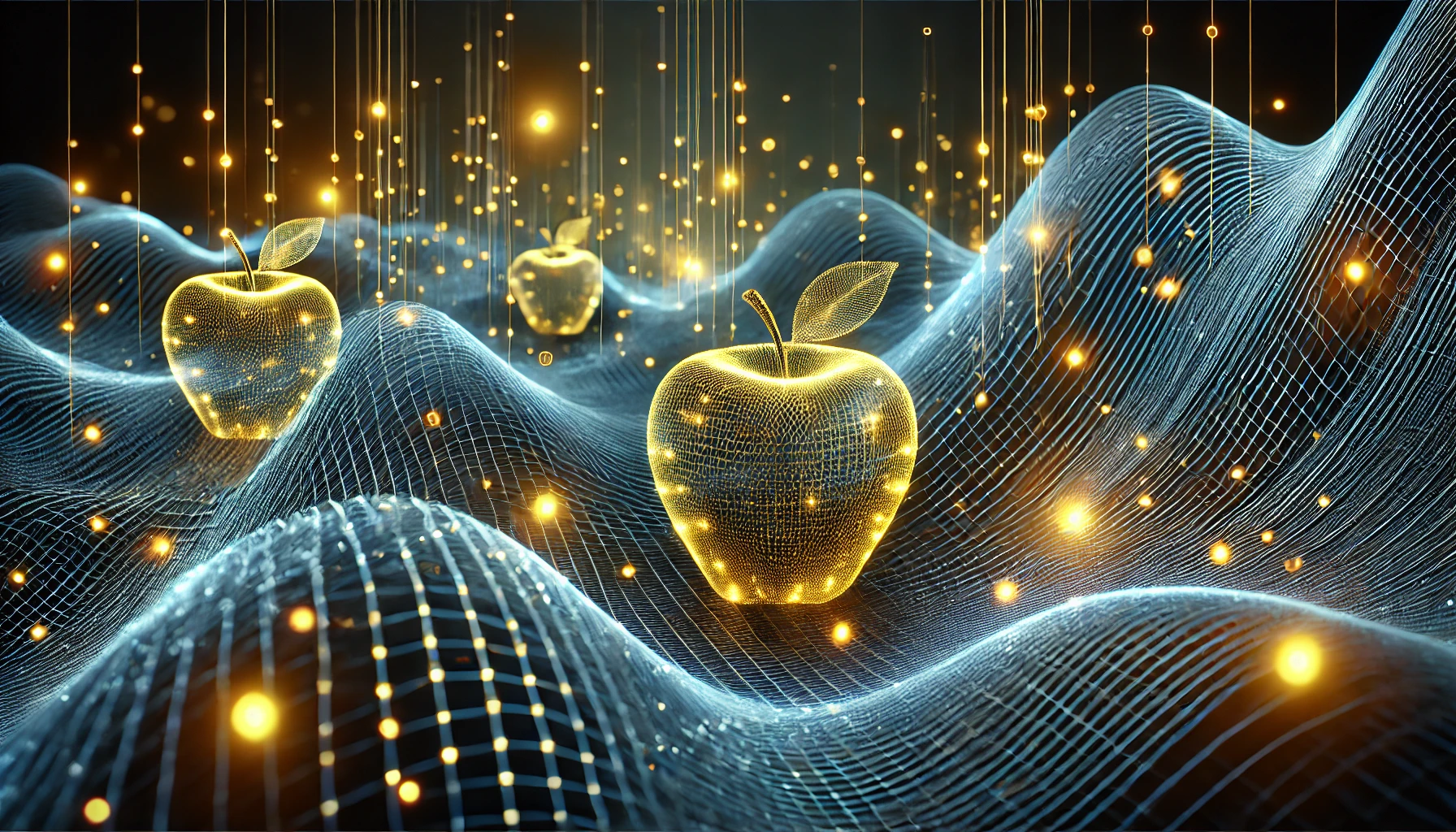 Futuristic digital apples made of glowing wireframes floating above abstract mesh waves and data particles.